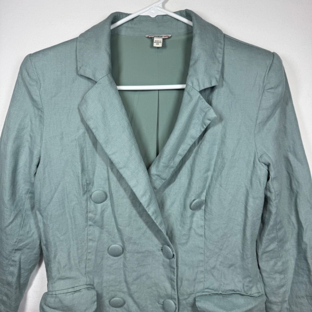 Guess Ryann Linen Double Breasted Blazer Green Career Business Casual‎ Sz XS